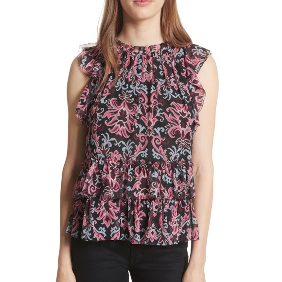 KATE SPADE Silk Tapestry Chiffon Ruffle Top - Picture 2 of 14